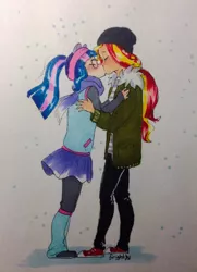 Size: 929x1280 | Tagged: safe, artist:theorderofalisikus, derpibooru import, sci-twi, sunset shimmer, twilight sparkle, human, beanie, clothes, coat, converse, eyes closed, female, glasses, hat, humanized, kissing, lesbian, pants, scarf, scitwishimmer, shipping, shoes, skirt, sneakers, snow, snowfall, sunsetsparkle