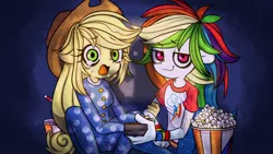 Size: 1280x720 | Tagged: safe, artist:setoya, derpibooru import, applejack, rainbow dash, equestria girls, crying, food, movie, popcorn, scared, smiling, soda