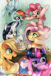 Size: 1377x2039 | Tagged: safe, artist:setoya, derpibooru import, applejack, fluttershy, pinkie pie, rainbow dash, rarity, twilight sparkle, armpits, baking, batter, book, cake, cookbook, egg, food, fork, knife, mane six, milk, one eye closed, sprinkles, tongue out, whipped cream, wink