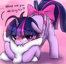 Size: 820x800 | Tagged: suggestive, artist:aymint, derpibooru import, twilight sparkle, twilight sparkle (alicorn), alicorn, pony, bedroom eyes, blushing, cute, dialogue, face down ass up, female, floppy ears, gift wrapped, hug, looking at you, mare, pillow, pillow biting, pillow hug, pink background, presenting, simple background, smiling, solo, solo female, sweat, tail bow