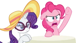 Size: 14772x8400 | Tagged: absurd resolution, angry, artist:cyanlightning, derpibooru import, every little thing she does, glasses, hangover, hat, pinkie pie, rarity, safe, simple background, .svg available, tired, transparent background, vector