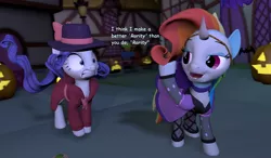 Size: 1854x1080 | Tagged: 3d, artist:pika-robo, burlesque, clothes, cosplay, costume, derpibooru import, detective rarity, dress, nightmare night, rainbow dash, rainbow dash always dresses in style, rainbow fash, rarity, safe, saloon dress, shocked, source filmmaker