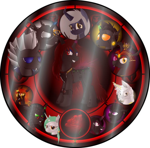 Size: 5000x4941 | Tagged: safe, artist:lakword, derpibooru import, changeling queen oc, oc, oc:rubeencha, oc:scarlet, unofficial characters only, changeling, changeling queen, pony, absurd resolution, blue changeling, bust, changeling oc, female, flower, glass, green changeling, group, purple changeling, red changeling, rose, simple background, stained glass, transparent background, white changeling, yellow changeling