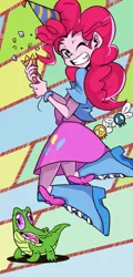 Size: 577x1200 | Tagged: safe, artist:setoya, derpibooru import, gummy, pinkie pie, human, parasprite, equestria girls, cute, diapinkes, female, hat, jumping, one eye closed, party hat, party popper, smiling, solo, wink