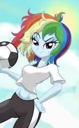 Size: 1200x1920 | Tagged: safe, artist:theroyalprincesses, derpibooru import, rainbow dash, equestria girls, ball, belly button, breasts, clothes, female, football, looking at you, midriff, pants, short shirt, solo