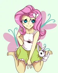 Size: 700x878 | Tagged: safe, artist:setoya, derpibooru import, angel bunny, fluttershy, butterfly, equestria girls, barefoot, blushing, breasts, cleavage, clothes, cute, feet, female, looking at you, missing shoes, sitting, skirt, skirt pull, smiling, smug, solo, tanktop