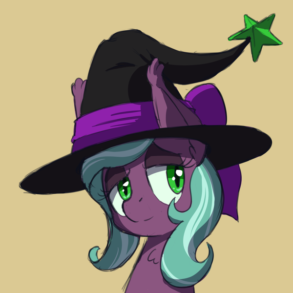 Size: 800x800 | Tagged: safe, artist:tehflah, derpibooru import, oc, oc:wicked ways, unofficial characters only, bat pony, pony, bust, chest fluff, ear fluff, hat, lidded eyes, looking at you, portrait, simple background, solo, witch hat