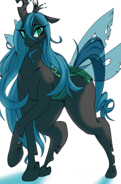 Size: 1267x1920 | Tagged: artist:cakewasgood, bugbutt, changeling, changeling queen, curvy, derpibooru import, eyeshadow, female, grin, large butt, lidded eyes, looking back, makeup, queen chrysalis, safe, smiling, solo