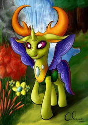 Size: 1240x1748 | Tagged: artist:calena, changedling, changeling, derpibooru import, king thorax, open mouth, safe, scenery, signature, solo, thorax, to where and back again, waterfall