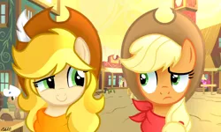 Size: 1365x818 | Tagged: applejack, appleloosa, artist:ciderpunk, base used, clothes, derpibooru import, oc, oc:applesunrise, safe, scarf