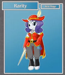 Size: 1108x1280 | Tagged: anthro, artist:brownie-bytes, crossover, derpibooru import, final fantasy, hat, part of a set, rapier, rarity, red mage, safe, solo, sword, unguligrade anthro, weapon