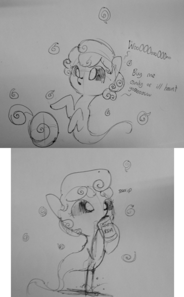 Size: 1280x2065 | Tagged: safe, artist:tjpones, derpibooru import, oc, unofficial characters only, ghost, pony, black and white, black sclera, drinking, dripping, floating, grayscale, hoof hold, lineart, monochrome, sipping, soda, spilled drink, traditional art