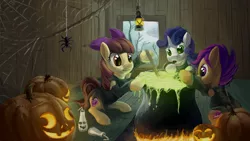 Size: 2785x1566 | Tagged: apple bloom, artist:zilvart, clothes, cutie mark crusaders, derpibooru import, food, halloween, jack-o-lantern, lantern, pumpkin, safe, scootaloo, soup, spider, stirring, sweetie belle, the cmc's cutie marks