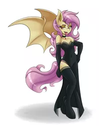 Size: 1280x1624 | Tagged: suggestive, artist:ambris, derpibooru import, fluttershy, anthro, bat pony, unguligrade anthro, apple, bedroom eyes, breasts, cleavage, clothes, colored pupils, dress, evening gloves, fangs, female, flutterbat, food, gloves, jewelry, looking at you, necklace, open mouth, race swap, red eyes, side slit, simple background, socks, solo, solo female, spread wings, thigh highs, tongue out, white background