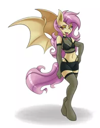 Size: 1280x1624 | Tagged: suggestive, alternate version, artist:ambris, derpibooru import, fluttershy, anthro, bat pony, unguligrade anthro, apple, bedroom eyes, belly button, black underwear, bra, breasts, clothes, colored pupils, evening gloves, fangs, female, flutterbat, food, gloves, jewelry, lingerie, looking at you, midriff, miniskirt, necklace, open mouth, panties, race swap, red eyes, see-through, simple background, skirt, socks, solo, solo female, spread wings, stockings, thigh highs, thong, tongue out, underwear, white background, zettai ryouiki