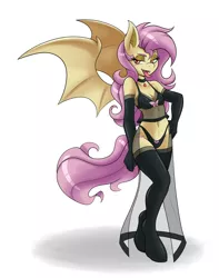 Size: 5008x6352 | Tagged: suggestive, alternate version, artist:ambris, derpibooru import, fluttershy, anthro, bat pony, unguligrade anthro, absurd resolution, apple, bat ponified, bedroom eyes, black underwear, bra, breasts, cleavage, clothes, colored pupils, evening gloves, fangs, female, flutterbat, food, gloves, jewelry, latex, lingerie, long gloves, looking at you, necklace, open mouth, panties, race swap, red eyes, see-through, simple background, skirt, socks, solo, solo female, spread wings, thigh highs, thong, tongue out, underwear, white background, wings