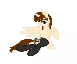 Size: 1212x1000 | Tagged: suggestive, artist:tay-houby, derpibooru import, oc, unofficial characters only, alicorn, pony, clothes, female, hoof fetish, hooves, sexy, simple background, socks, solo, solo female, thigh highs, thighs, white background