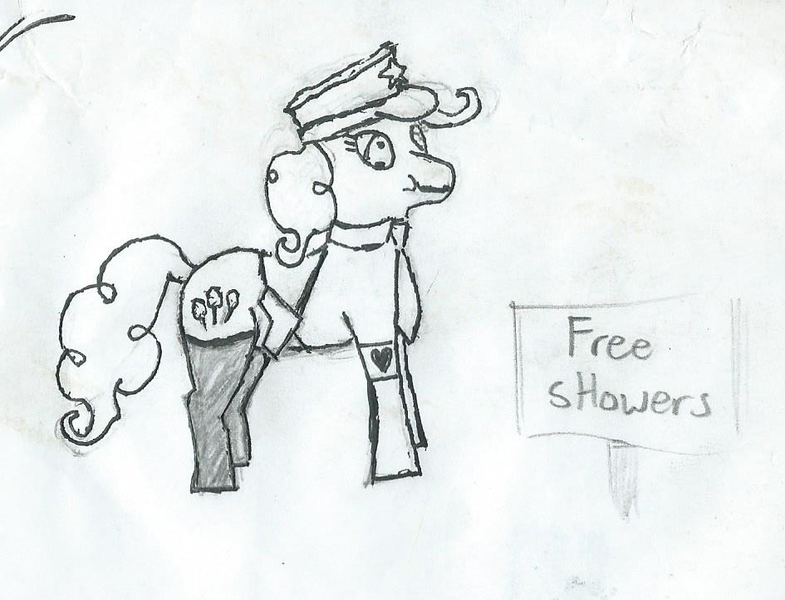 Size: 945x722 | Tagged: safe, derpibooru import, pinkie pie, earth pony, pony, clothes, dictator, female, gun, holocaust joke, implied golden shower, leader, mare, monochrome, sketch, solo, stockings, weapon