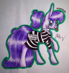 Size: 1002x1062 | Tagged: safe, artist:vionova, derpibooru import, oc, oc:vionova, unofficial characters only, clothes, costume, prison outfit, prison stripes, solo, tongue out, traditional art