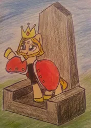 Size: 910x1280 | Tagged: artist:marcus todjel, cape, clothes, crown, derpibooru import, jewelry, oc, oc:marcus todjel, ponified, regalia, safe, solo, throne, traditional art, unofficial characters only