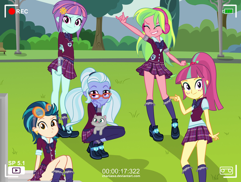 Size: 1794x1355 | Tagged: safe, artist:charliexe, derpibooru import, indigo zap, lemon zest, sour sweet, sugarcoat, sunny flare, cat, equestria girls, friendship games, camera shot, clothes, crystal prep academy uniform, crystal prep shadowbolts, cute, devil horn (gesture), faic, glasses, goggles, headphones, high heels, leggings, legs, looking at you, miniskirt, pigtails, plaid skirt, pleated skirt, ponytail, school uniform, schrödinger's pantsu, shadow five, shoes, skirt, skirt lift, smiling, smirk, socks, thighs, twintails