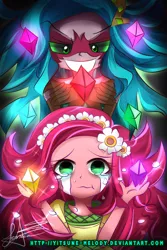 Size: 1366x2048 | Tagged: safe, artist:yitsune-melody, derpibooru import, gaea everfree, gloriosa daisy, equestria girls, legend of everfree, chibi, clothes, crying, cute, daisybetes, magical geodes, pixiv, sad, signature
