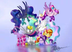 Size: 5964x4303 | Tagged: safe, artist:pucksterv, derpibooru import, princess cadance, princess celestia, princess luna, starlight glimmer, sunset shimmer, twilight sparkle, twilight sparkle (alicorn), oc, oc:quentin, alicorn, pony, unicorn, absurd resolution, alicorn oc, blushing, canon x oc, clothes, commission, female, glowing horn, harem, lucky bastard, male, mare, oc gets all the mares, plot, shipping, socks, spread wings, stallion, straight, striped socks, tail seduce, this will end in snu snu, wingboner, x gets all the mares