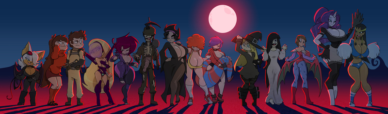 Size: 2761x813 | Tagged: semi-grimdark, suggestive, artist:bigdad, derpibooru import, rarity, anthro, satyr, absolute cleavage, ass, b-ko, bedroom eyes, big ben, big breasts, blood moon, breasts, busty rarity, catwoman, cleavage, clothes, codename kids next door, cosplay, costume, crossover, curvy, darkstalkers, dib membrane, digimon, digimon adventure, dipper pines, ed edd n eddy, elvira, female, full moon, gaz membrane, ghostbusters, gravity falls, halloween, hikari yagami, hourglass figure, house m.d., huge breasts, invader zim, ishizu ishtar, juri han, kanker sisters, kuki sanban, lee kanker, lilith aensland, mabel pines, maid, mandy, marie kanker, mary janes, may kanker, midriff, misty brightdawn, moon, numbuh 3, obligatory pony, pacifica northwest, pokémon, project a-ko, rouge the bat, sadako, scooby doo, sega, skarpne, skirt, sonic the hedgehog (series), spooky, street fighter, the grim adventures of billy and mandy, the ring, velma dinkley, wide hips, witch, yu-gi-oh!