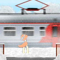 Size: 500x500 | Tagged: safe, artist:subway777, derpibooru import, oc, oc:ray muller, unofficial characters only, pegasus, pony, animated, frame by frame, gif, pantograph, ponytail, russia, rzd, snow, snowfall, solo, standing, train, train station, tram, tree, wind, winter, wood