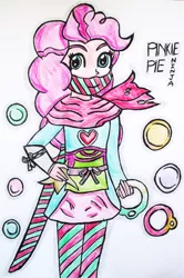 Size: 972x1461 | Tagged: safe, artist:blazingdazzlingdusk, derpibooru import, pinkie pie, equestria girls, clothes, looking at you, ninja, smiling, solo, sword, traditional art, weapon