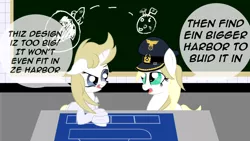 Size: 1280x720 | Tagged: safe, artist:anonymousdrawfig, derpibooru import, oc, oc:breta, oc:franziska, unofficial characters only, earth pony, pony, unicorn, argument, aryan, aryan pony, blonde, blueprint, chalkboard, female, floppy ears, hat, laboratory, moon, nazi, nazipone, planet, planning, reichsadler, rocket, speech bubble, swastika, table, text