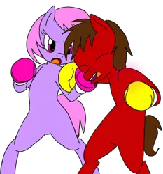 Size: 720x774 | Tagged: safe, artist:pugilismx, artist:toyminator900, derpibooru import, oc, oc:chip, oc:melody notes, unofficial characters only, pony, bipedal, boxing, boxing gloves, i forgot the damn wings again, simple background, trace, wingless