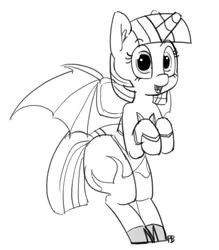 Size: 1280x1462 | Tagged: suggestive, artist:pabbley, derpibooru import, twilight sparkle, twilight sparkle (alicorn), alicorn, bat pony, bat pony alicorn, pony, succubus, bat wings, bipedal, clothes, costume, monochrome, simple background, solo, warcraft, white background, world of warcraft