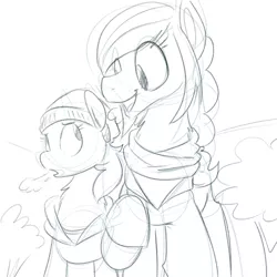 Size: 700x700 | Tagged: artist:goat train, clothes, cold, derpibooru import, jacket, macro, monochrome, oc, oc:cumulonimbus, oc:sequoia, safe, scarf, size difference, sketch, toque, unofficial characters only