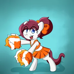 Size: 1900x1900 | Tagged: safe, artist:fullmetalpikmin, derpibooru import, oc, oc:rally, unofficial characters only, earth pony, pony, belly button, bipedal, bow, cheerleader, chest fluff, clothes, cute, hair bow, midriff, ocbetes, pleated skirt, pom pom, ponytail, skirt, solo, tanktop