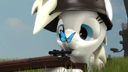 Size: 1280x720 | Tagged: 3d, butterfly, clipping, cross-eyed, cute, derpibooru import, eyes on the prize, grass, gun, helmet, insect on nose, military, oc, oc:aryanne, open mouth, prone, rifle, safe, scientist, shooting, sky, smiling, solo, source filmmaker, stahlhelm, unofficial characters only, weapon