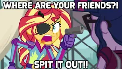 Size: 1280x720 | Tagged: safe, derpibooru import, edit, edited screencap, editor:paragonaj, screencap, sci-twi, sunset shimmer, twilight sparkle, equestria girls, angry, exploitable meme, eyepatch, gun, handgun, image macro, meme, metal gear, metal gear solid, metal gear solid 5, pistol, reference, scar, shrapnel, sunset yells at twilight, text, threat, threatening, venom snake, weapon