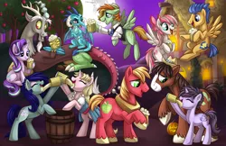 Size: 1280x828 | Tagged: safe, artist:sciggles, derpibooru import, angel wings, big macintosh, discord, flash sentry, princess ember, starlight glimmer, trouble shoes, oc, oc:barley tender, oc:caramel malt, oc:sappho, dragon, earth pony, pegasus, pony, unicorn, apple tree, barmel, barrel, bipedal, bipedal leaning, bow, cider, ciderfest, claws, clothes, colored hooves, cutie mark, dragon wings, dragoness, drinking, eyes closed, fangs, female, floppy ears, flying, full moon, grin, hair bow, hat, hooves, horn, horns, jack-o-lantern, leaning, lidded eyes, looking at each other, male, mare, mare in the moon, moon, mug, night, night sky, open mouth, ponyville ciderfest, prone, pumpkin, sitting, sky, smiling, solo, spread wings, stars, tankard, tree, wings