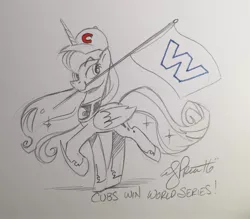 Size: 2048x1798 | Tagged: 2016 world series, artist:andypriceart, baseball, champions, chicago cubs, derpibooru import, flag, mlb, mouth hold, princess luna, safe, sketch, solo, that was fast, traditional art, world series