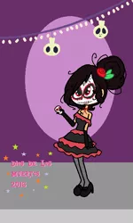 Size: 388x648 | Tagged: artist:obeliskgirljohanny, calavera catrina, derpibooru import, dia de los muertos, face paint, fangs, flower, human, humanized, looking at you, oc, oc:cereza, rose, safe, smiling, solo, sugar skull cookie, unofficial characters only, vampire