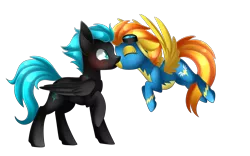 Size: 3000x1871 | Tagged: safe, artist:scarlet-spectrum, derpibooru import, spitfire, oc, oc:thunderwing, pegasus, pony, blushing, canon x oc, clothes, commission, eyes closed, floating, goggles, kissing, raised hoof, shipping, simple background, transparent background, wonderbolts uniform