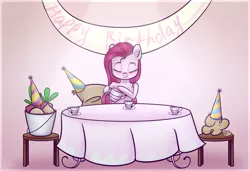 Size: 2345x1605 | Tagged: safe, artist:mp-printer, derpibooru import, madame le flour, mr. turnip, pinkie pie, sir lintsalot, earth pony, pony, party of one, eyes closed, gradient background, hat, party hat, pinkamena diane pie, scene interpretation, smiling, solo, table, teacup, teapot