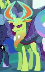 Size: 343x539 | Tagged: angry, changedling, changeling, changeling king, cropped, derpibooru import, glowing antlers, glowing horn, king thorax, magic, princess celestia, princess luna, rarity, safe, screencap, solo focus, thorax, to where and back again