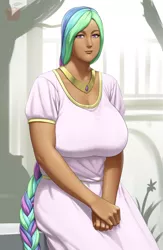 Size: 1254x1920 | Tagged: artist:lvl, au:eqcl, big breasts, braid, breasts, busty princess celestia, commission, dark skin, derpibooru import, female, huge breasts, human, humanized, jewelry, lidded eyes, long hair, looking at you, necklace, pose, princess celestia, safe, sitting, smiling, solo, tree