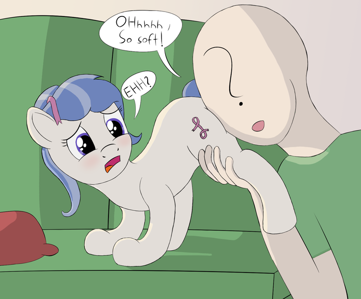 Size: 1659x1371 | Tagged: artist:dopeedit, bad touch, blushing, couch, derpibooru import, female, filly, molestation, oc, oc:anon, oc:cutie stripe, open mouth, pillow, ribbon, safe, speech bubble, text, unofficial characters only