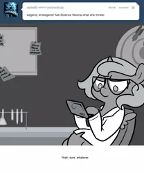 Size: 666x800 | Tagged: 3ds, artist:egophiliac, clothes, derpibooru import, filly, gamer woona, glasses, grayscale, lab coat, monochrome, moonstuck, princess luna, safe, science woona, solo, woona, younger