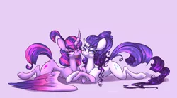 Size: 4904x2714 | Tagged: safe, artist:ogaraorcynder, derpibooru import, rarity, twilight sparkle, twilight sparkle (alicorn), alicorn, pony, unicorn, alternate hairstyle, colored wings, curved horn, dock, female, lesbian, looking at you, mare, multicolored wings, one eye closed, rarilight, shipping, smiling, tongue out, wink