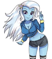 Size: 3070x3472 | Tagged: suggestive, artist:sumin6301, derpibooru import, trixie, equestria girls, adorasexy, belly button, breasts, busty trixie, cleavage, clothes, cute, diatrixes, female, looking at you, midriff, peace sign, sexy, shorts, simple background, smiling, solo, solo female, white background