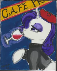 Size: 4840x5984 | Tagged: absurd resolution, alcohol, artist:titankore, beatnik rarity, beret, cafe, clothes, derpibooru import, glass, hat, painting, rarity, safe, solo, sweater, watercolor painting, wine