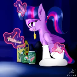 Size: 2000x2000 | Tagged: safe, artist:truffle shine, derpibooru import, twilight sparkle, twilight sparkle (alicorn), alicorn, pony, alternate hairstyle, clothes, console, hay, kelpo, magic, mountain dew, ponytail, socks, solo, spongebob squarepants